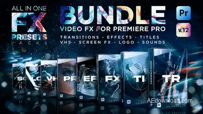 FX Presets Bundle for Premiere Pro | Transitions, Titles, Effects, VHS, LUTs, Logo, Sounds Premiere Pro template preview