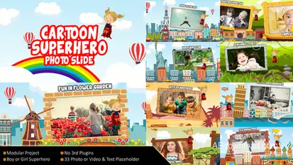 Flying Cartoon Superhero Slideshow Video Displays template preview